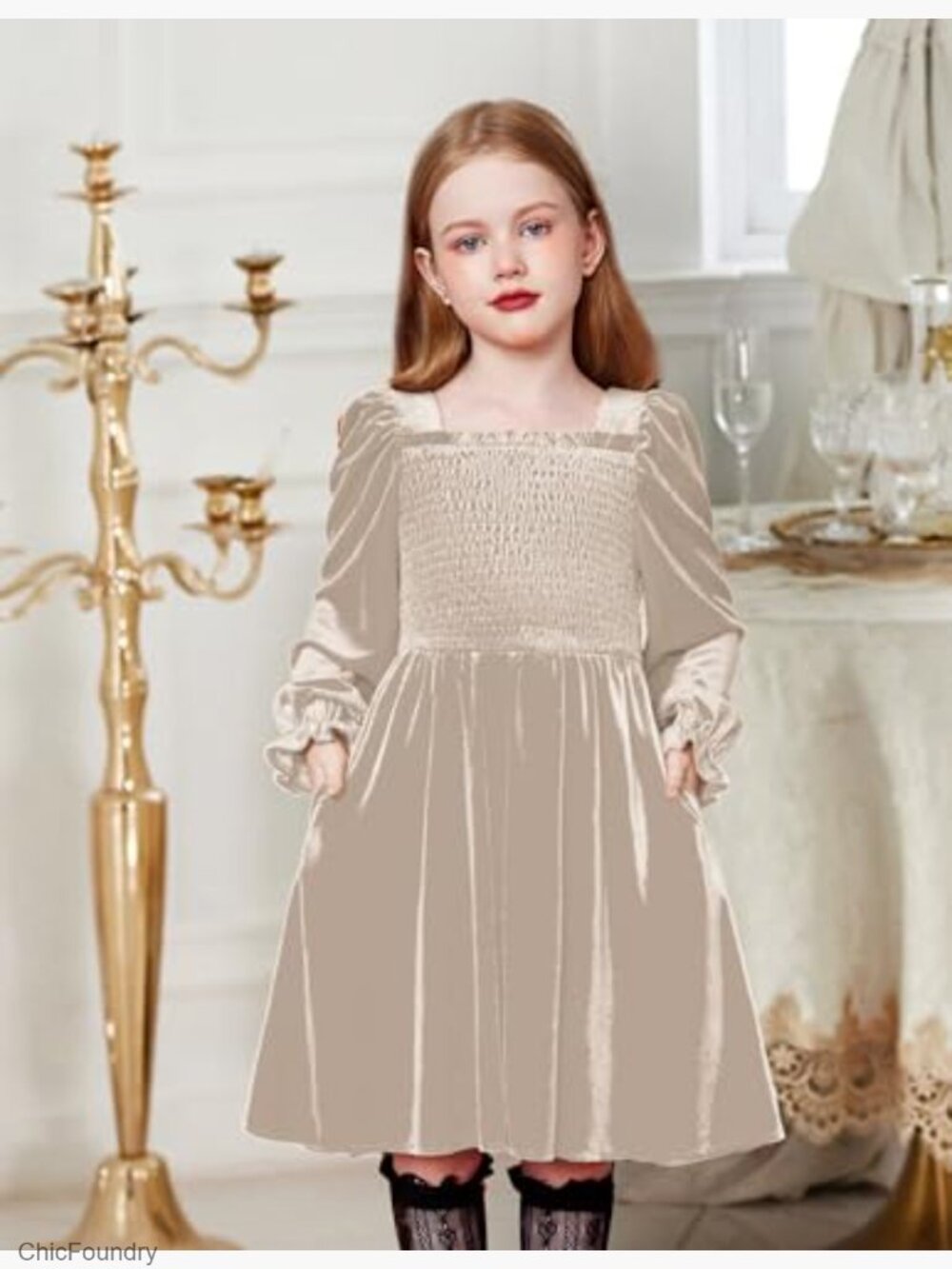 Toddler Velvet Dress Smocked Square Neck Puff Long Sleeve Party Dresses with - Picture 5 of 7